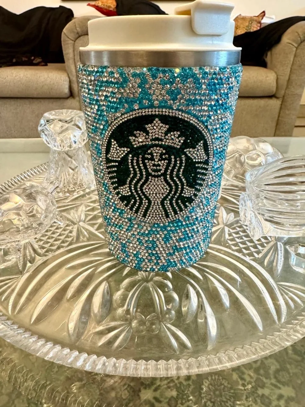 BeautTurquoise& Silver Rhinestone Bling Blue White TemperatureCheck Tumbler